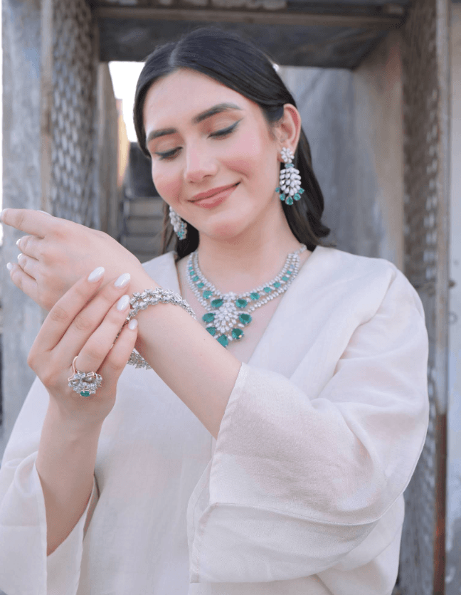 Emerald and diamond necklace set with ring and bracelet