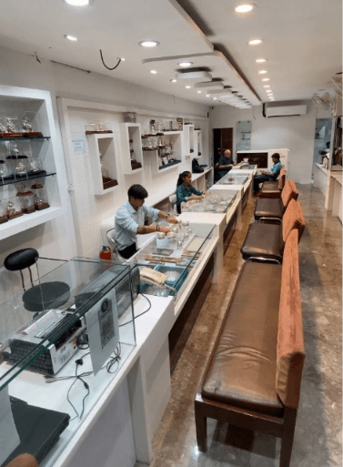 Jewellery counters and seating at Onkar Jewellers